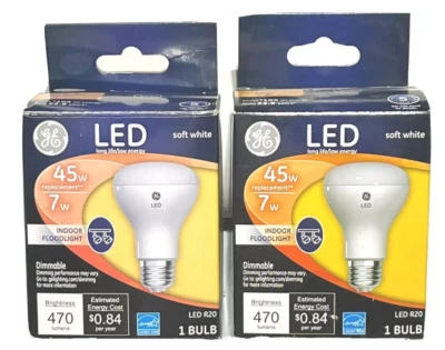2x Lot GE 7w LED Indoor Flood Bulb R20 Base - Soft White - Dimmable - Long Life! - Image 1 of 4