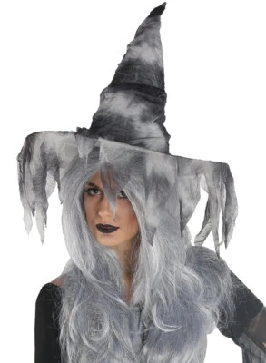 70004-PARTYXPEOPLE Hexenhut Halloween Zombie Erwachsene grau Fetzen-Hut Fasching Karneval KK