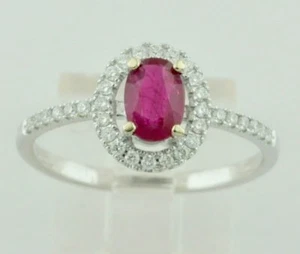 14k Solid White Gold Natural Diamond & Oval Shape Ruby Ring Halo July Birthstone - Picture 1 of 6