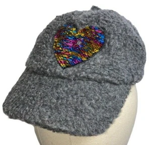 Limited Too Girls GRAY Sherpa Fleece Fashion Hat Baseball Cap Sequins Heart NWOT - Picture 1 of 4