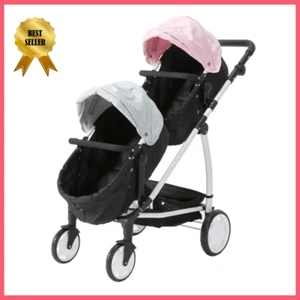 Deluxe Tandem Double Doll Pram Twin Stroller Toddler Baby Jogger Pram Toy Kids - Picture 1 of 8