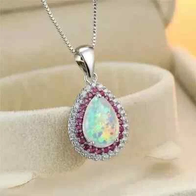 2Ct Pear Cut Lab Created Fire Opal Womens Gift Pendant 14K White Gold Plated 18" - Image 1 of 4