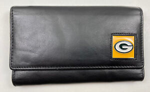 Black Leather Wallet Women’s Green Bay Packers With Emblem NFL Team 7” X 4”