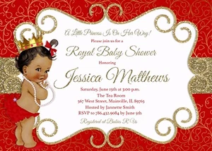 Princess Baby Shower Invitation, Red, Gold, Royal, ANY SKIN TONE - Picture 1 of 1
