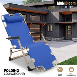 Blue Folding Outdoor Paito Chair Adjustable Breathable Poolside Seat w/Headrest - Picture 1 of 12