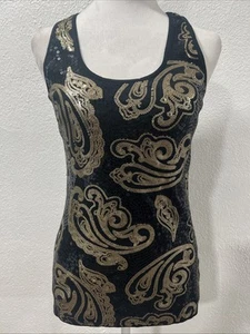 APT 9 Damen Tank Top schwarz gold Pailletten Paisley U-Ausschnitt weich Gr. M - Bild 1 von 12