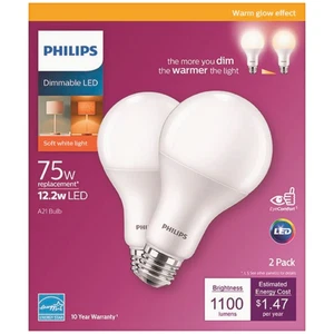 Philips 75W Equivalent Soft White Medium Dimmable LED Light A21 Bulb - 2 Pack - Picture 1 of 3