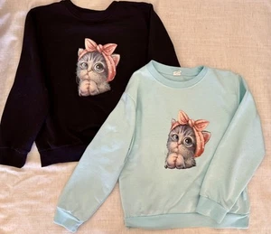 Cute Girls Cat Printed Shirt Top 2 Pack Size 7-8 - Picture 1 of 7
