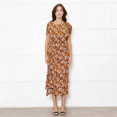 Marni Mustard Cream Floral Ruched Side Detail Midi Dress - Image 1 of 4