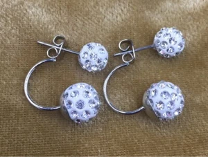 Frosted Double Snowball U Shape Silver Stud Pair of Earrings With Crystals - Picture 1 of 2