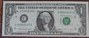1988A 3 Digit Low Serial Number $1 Dollar Bill Note 00000107 - Picture 1 of 2