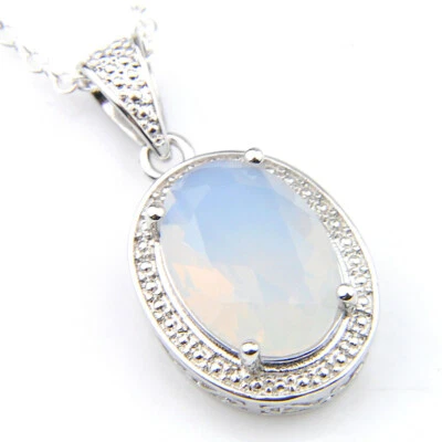 Handmade Oval Cut Rainbow Fire Moonstone Gemstone Silver Charm Necklace Pendants - Image 1 of 4