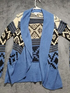 Say What? Womens Long Sleeve Open Front Cardigan Sweater Blue Tan SouthWest Sz S - Picture 1 of 10