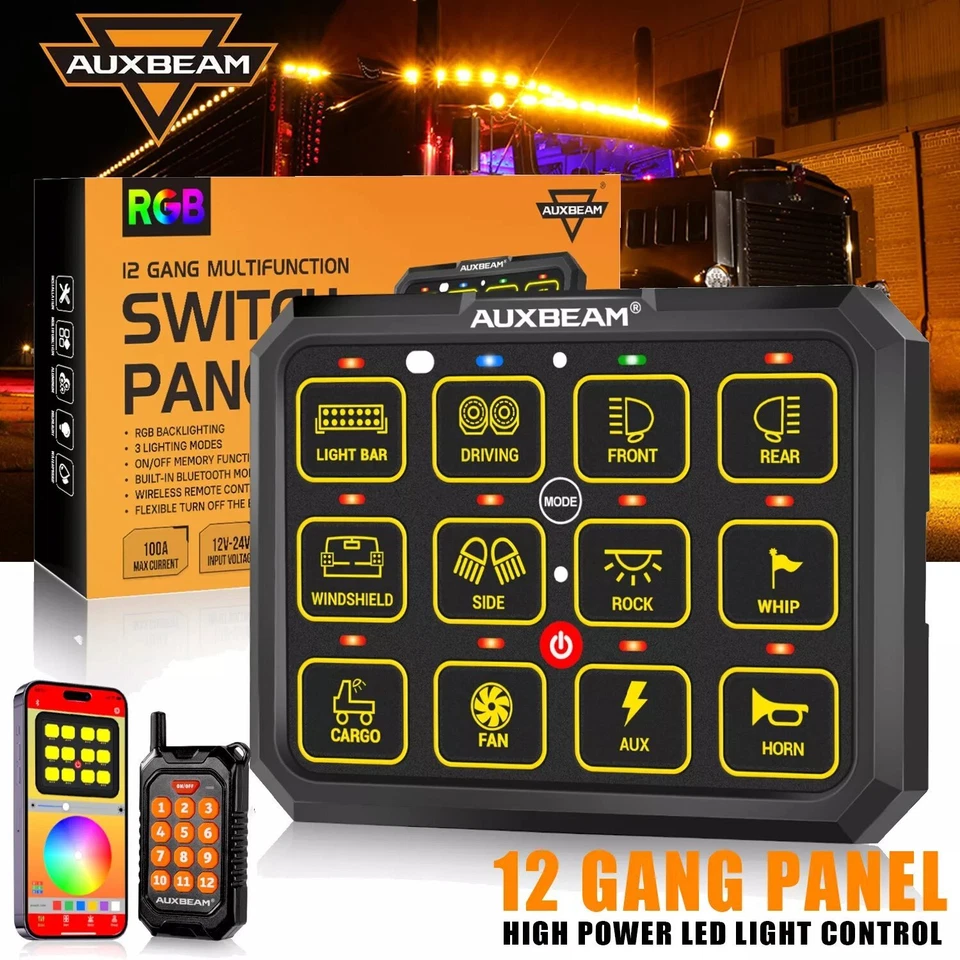 Sistema de relé de panel de interruptor de 12 velocidades AUXBEAM RGB BLUETOOTH para Peterbilt Kenworth Foto 1 de 4