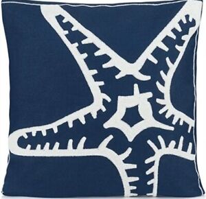 Starfish Theme Pillow Sham Covers PAIR navy white embroidered beachy coastal NEW
