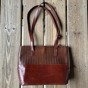 Vintage Brahmin Schultertasche braun Leder Webmuster Reißverschluss oben 12 x 9 Doppelgriff - Bild 1 von 17