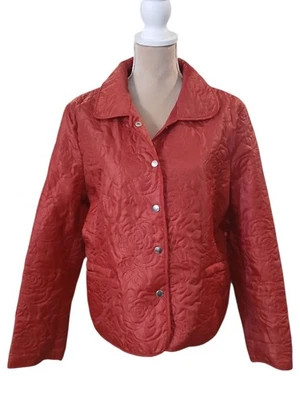 Jaqueta acolchoada floral vermelha JG Hook feminina tamanho grande leve botão de pressão - Imagem 1 de 4