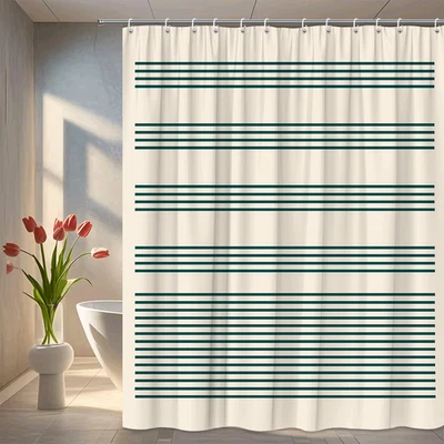 Cortina de ducha moderna a rayas verdes sobre fondo crema Foto 1 de 4