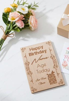 3 tarjetas personalizadas de fiesta/cumpleaños de madera de haya al vapor. Cualquier fuente y texto. Foto 1 de 4