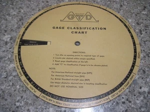 GTD Greenfield Tap & Die Gage Classification Disc Chart Vtg 8-1/2" - Picture 1 of 7