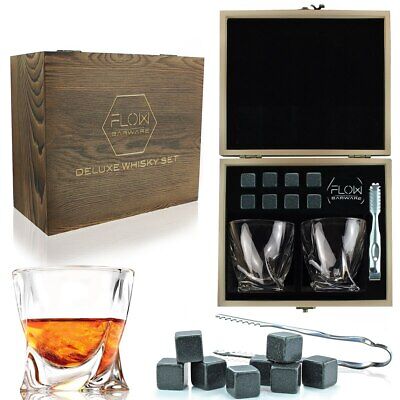 Twist Whiskey Glasses, 8 X Whisky Stones, Ice Tongs & Gift Box Whisky Bar Set • 26.95£