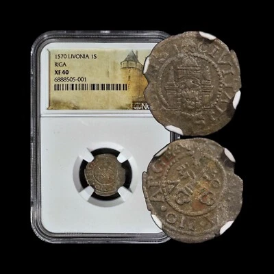 LIVONIA. 1570, Schilling, Silver - NGC XF40 - Riga, Castle, Crossed Keys - Image 1 of 4