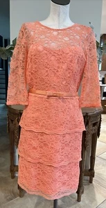 Tahari Women 8 Peach Lace 3/4 Sleeve Belted Layered Skirt Sheath Dress BB - Bild 1 von 8