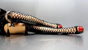 CQ COUTURE CORSET CUSTUM OVERKNEE  BOOTS STIEFEL ITALY LEATHER BLACK RED 9 39 - Picture 1 of 11