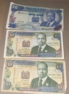 3 billetes de chelines vintage del Banco Central de Kenia 1 x 20 (1984) 2x10 (1989+92) - Imagen 1 de 8