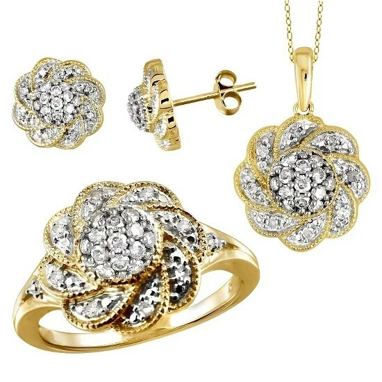 Juego de pendientes, colgantes y anillos de diamantes blancos de corte redondo natural de 1,00 quilates Foto 1 de 1