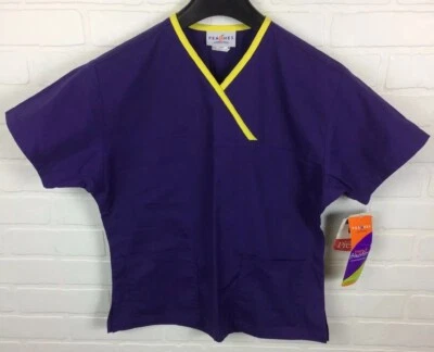 Peaches XS Womens Scrub Top Style 4572 Purple With Yellow Neck Trim - Image 1 of 4