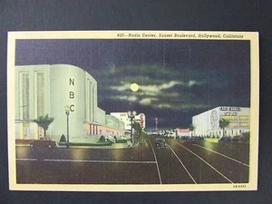 Hollywood California CA Radio Center Sunset Boulevard Night View Postcard 1940 - Picture 1 of 2