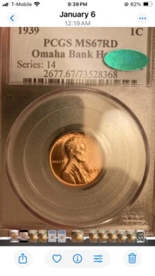 1939 LINCOLN PENNY PCGS MS 67 RED CAC APPROVED OMAHA BANK HOARD - Image 1 of 4