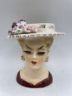 Vintage Old Sonsco Porcelain Lady Head Vase Red Lip Eyelashes Flower Hat