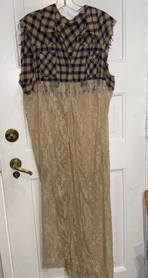 Womens Blue Cream Plaid top and Cream Lace Long Duster XL - Image 1 of 4