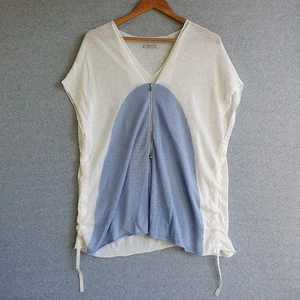 Crea Concept Top Blouse Womens Sz 40 Blue White Linen Blend Knit Zip Front Drape - Picture 1 of 12