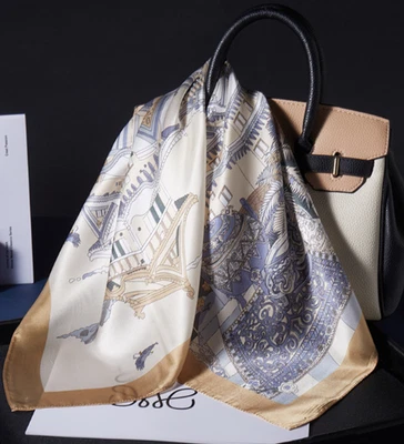 100% Mulberry Silk Shawl 27'' Scarf Neckerchief Yellow ship Print Bandana wrap  - Image 1 of 3