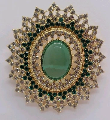 Broche llamativo ovalado verde esmeralda - prendedor barroco de cristal de inspiración vintage Foto 1 de 4