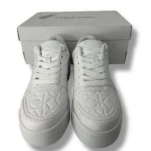 NEW Calvin Klein White Logo Embossed Sneakers Size 6 Casual Logo Laced Athletic - Picture 1 of 19