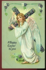 LOVELY ANTIQUE TUCK EASTER POSTCARD ANGEL CARRIES VIOLET CROSS 1908 081621 Q - Picture 1 of 2