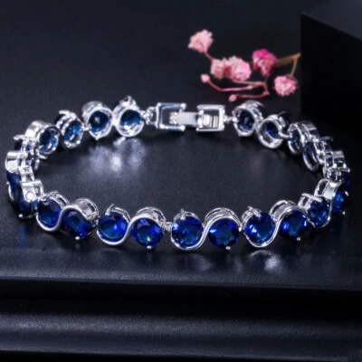 Precioso Brazalete Tenis Azul Redondo Circonita Cúbica Plateado para Mujer Fiesta Foto 1 de 4