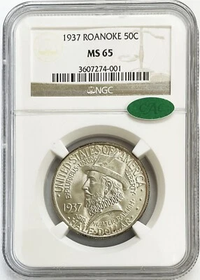 1937 US ROANOKE 50c COMMEMORATIVE SILVER COIN NGC MINT STATE 65 CAC - Image 1 of 2