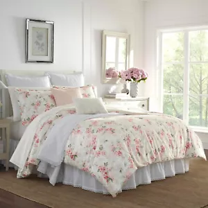 Laura Ashley Plush Faux Velvet Comforter Quilt 3 Pc Set QUEEN Bed Wisteria Pink - Picture 1 of 5