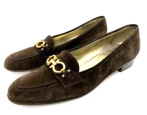 Salvatore Ferragamo BROWN Sued Gold Logo Loafers Size 7 AAA Excellent Condition - Picture 1 of 12