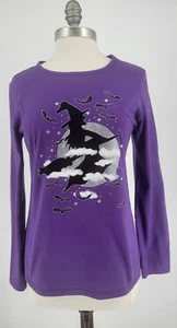 Halloween Long Sleeve T-Shirt Purple Size 8-10 Flying Witch Glitter Bats Moon - Picture 1 of 6