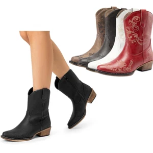 Women Western Cowboy Cowgirl Square Toe Low Chunky Heel Zip Up Ankle Boots - Picture 1 of 32