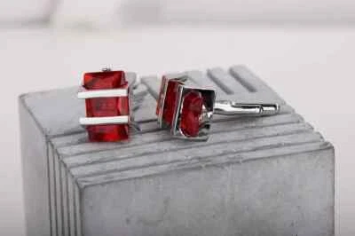 4Ct Emerald Lab-Created Red Ruby Solitaire Men's Cufflinks 14K White Gold Plated - Image 1 of 4