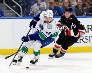 Foto de hockey Quinn Hughes acción patinaje Vancouver Canucks 8x10 NHL - Imagen 1 de 1