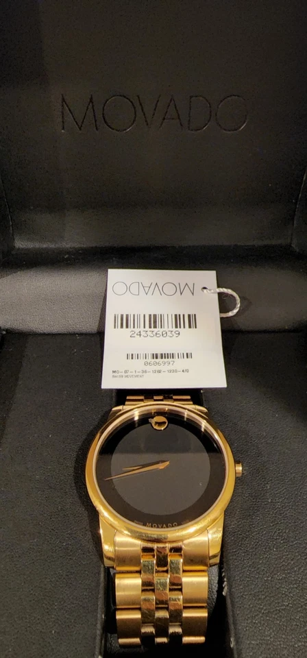 MOVADO Museum 经典 40 毫米黑色表盘金色 PVD 男女通用手表 0606997 — 第 1/4 张图片