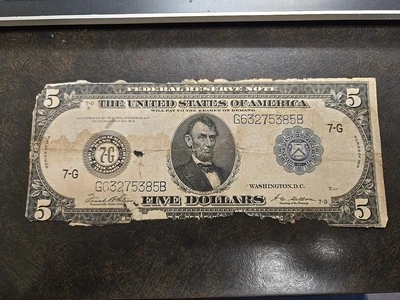 1914 $5 Five Dollar Chicago Circulated Federal Reserve Large Note FR 871 - Image 1 of 4